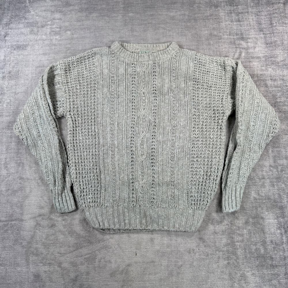 LL Bean Sweater Womens Large Grey Vintage Linen Cable Knit Fisherman Ireland